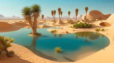 Surreal desert oasis with floating islands