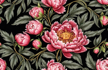 Seamless beautiful embroidery peony flowers pattern on black background. Generative ai