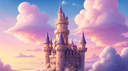 "Whimsical fairytale castle in the clouds - Towers and turrets rise above fluffy cotton candy clouds, bathed in the soft light of a magical sunset, perfect for children's book illustrations or fantasy