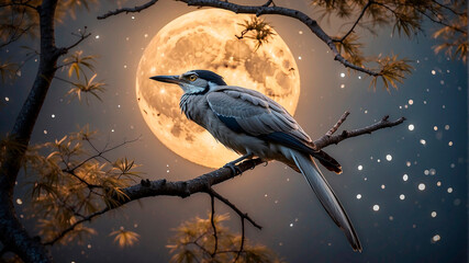 A bird, resplendent in its beauty, is stationed on a twisted tree branch, its gleaming feathers glistening in the moon’s unearthly light. The blurred background adds a touch of enchantment to the scen