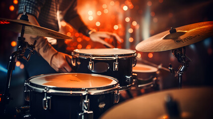 Fototapeta na wymiar Drumming Up a Beat Intense Performance Closeup 