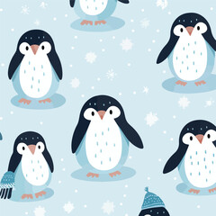 Seamless pattern with little cute penguins flat vec