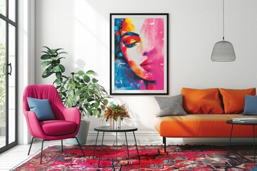 Modern bright interiors apartment with mock up poster frame illustration 3D rendering computer generated image