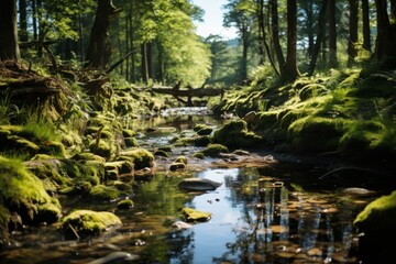A babbling brook winding through a vibrant forest landscape