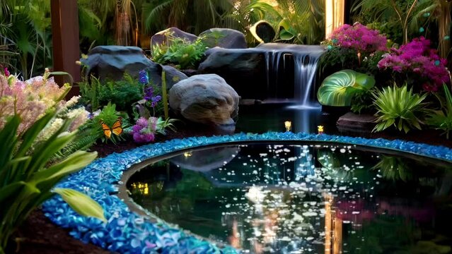 Luxury garden in hotel resort with swimming pool and waterfall