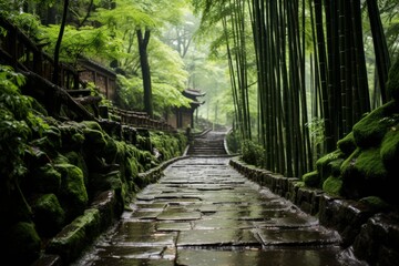 Bamboo forest with a stone path cutting through the terrestrial plants - obrazy, fototapety, plakaty