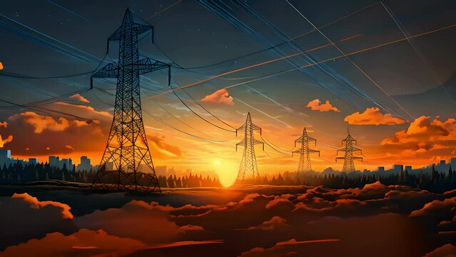 Electricity transmission towers with orange glowing wires the starry night sky. Energy infrastructure concept, energy, electricity, voltage, supply