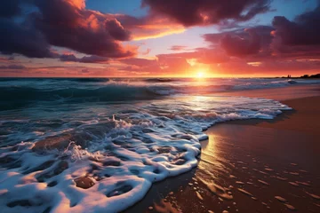 Fotobehang Dusk falls as the sun sets over the ocean, waves crash on the beach © Yuchen Dong