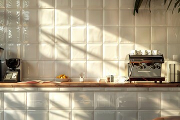 Modern design cafe white square tile counter with espresso machine cash register in sunlight from - obrazy, fototapety, plakaty