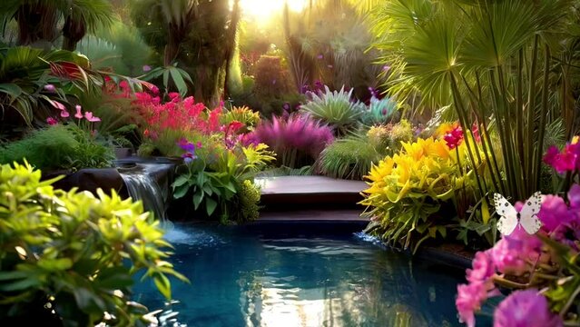 Beautiful tropical garden with swimming pool and colorful flowers at sunset