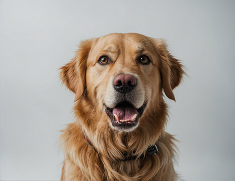 portrait of golden retriever dog on gray background.