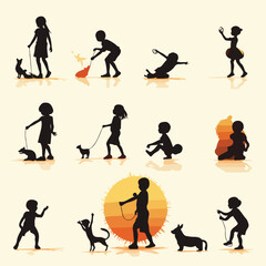 Silhouettes of children playing flat vector illustr