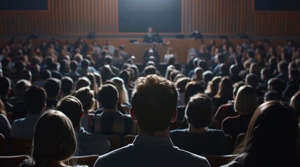 Audience in Lecture Hall. Rear, Back, Business, Meeting, Speech, Talk, Speaker, Seminar, Convention Center, Workshop, Entrepreneur, Educator, Group, Professional, Coaching
