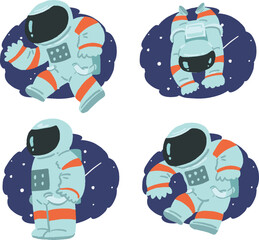 Fototapeta premium 宇宙服を着た人と夜空のポップなイラストセット 