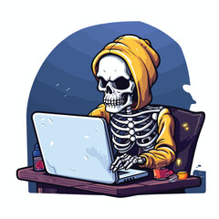 Skeleton working on laptop illustration for t-shirt
