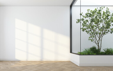 Morning light and indoor garden in a empty room with wooden floor and white wall. 3d rendering