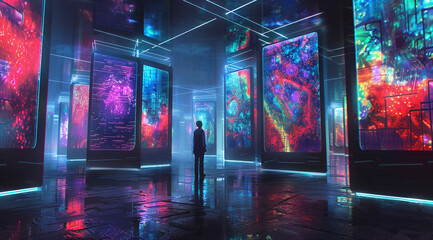 Digital art of glowing neon light panels on the wall, isolated object.