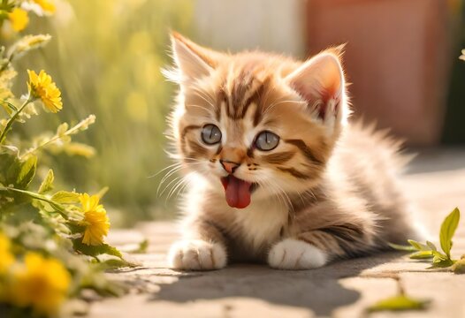 cute pet cat on the grass with open face and flowers and grass in the blur background