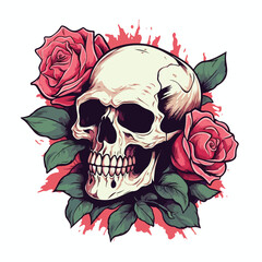 Skull biting a rose illustration. Vector graphics f