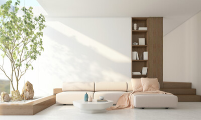 Morning light and indoor garden in a modern Japanese-style living room with built-in TV cabinet and bookshelf, Sofa set and polished concrete floor. 3d rendering