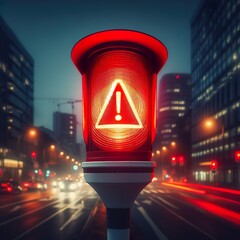 warning lamp in the street at night. Red alert lamp or warning indicator,