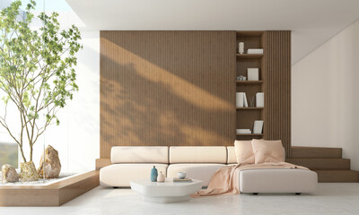 Morning light and indoor garden in a modern Japanese-style living room with wood slat walls and built-in TV cabinet. Bookshelf and wooden stairs. Sofa set and polished concrete floor.3d rendering