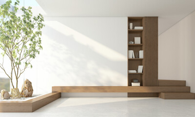 Morning light and indoor garden in a modern Japanese-style living room with built-in TV cabinet and bookshelf. Wooden stairs and white walls. White polished concrete floor. 3d rendering