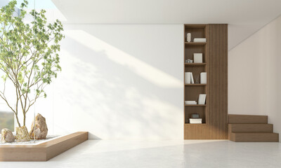 Morning light and indoor garden in a modern Japanese-style empty room with wood slat walls and bookshelf. Wooden stairs and white wall. Polished concrete floor. 3D rendering