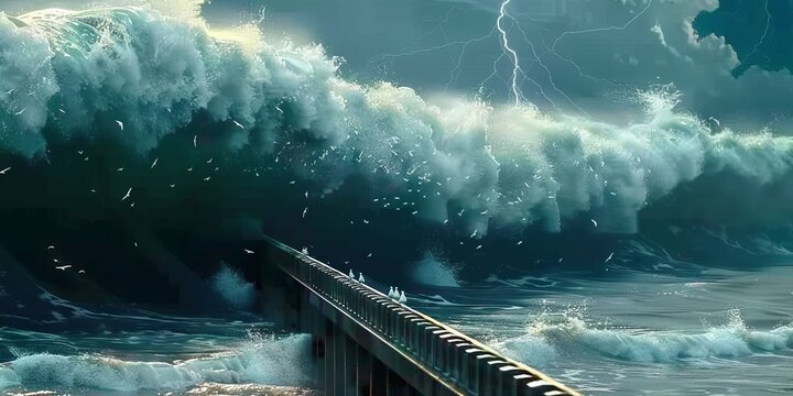 owering Waves Engulfing Seaside Bridge