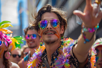 Joyous man in sunglasses at a colorful festival, embodying the vibrancy of celebration. AI Generative.