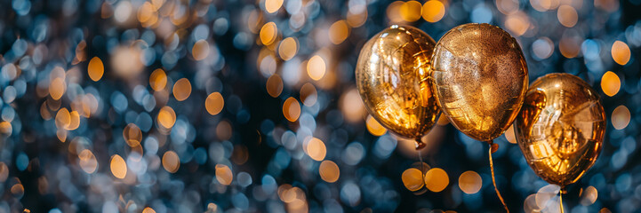 A trio of gleaming golden balloons against a bokeh light backdrop, exuding warmth and festivity. Panoramic image with copy space. AI Generative. - obrazy, fototapety, plakaty