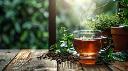 Foto op Plexiglas Sunlit steam rises from a hot cup of tea on a rustic wooden surface surrounded by green leaves. AI Generative. © NILSEN Studio