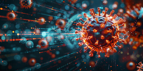 A vivid 3D render of a virus particle against a digital data backdrop. AI Generative. - obrazy, fototapety, plakaty