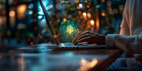 Person using laptop with futuristic tree hologram, cyber-tech interface.