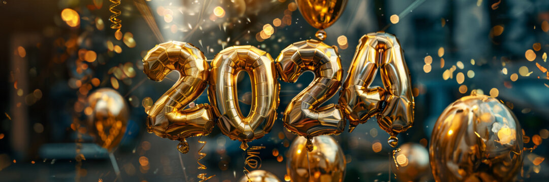 Golden "2024" balloons reflect the excitement and hopefulness of celebrating a New Year.