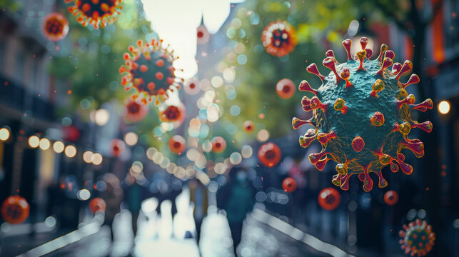 A vivid depiction of virus cells in an urban environment, signifying threat. AI Generative.