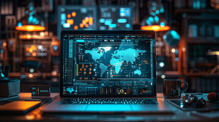 An open laptop displays a glowing world map in a hi-tech workspace with atmospheric lighting.AI Generative.