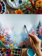 An artist's hand paints a vibrant watercolor landscape, her brush caressing the textured paper. AI Generative.