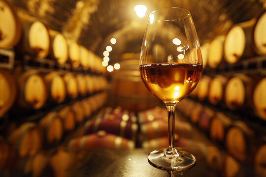 An intimate portrait of a lone wine glass against a backdrop of softly lit barrels. AI Generative.