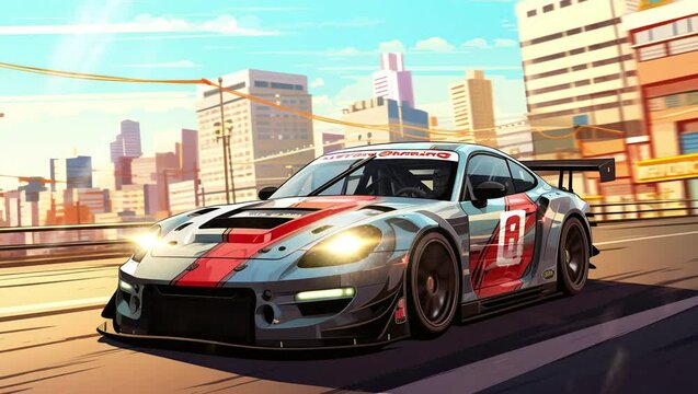 Sleek hypercar cruising through the sunny city streets. Urban elegance on a bright day Seamless looping 4k time-lapse virtual video animation background. Generated AI