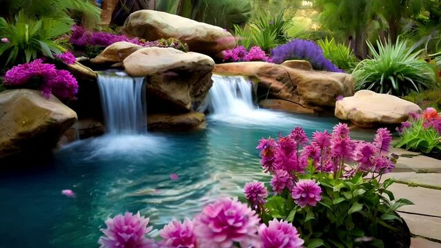 Waterfall in the garden with flowers and stones on the foreground