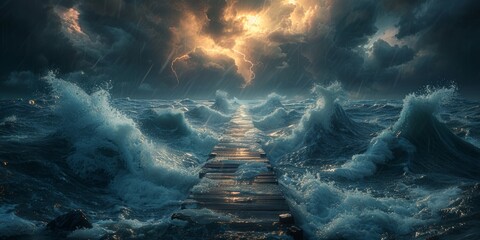 Stormy Seas and Lightning over Wooden Pier - obrazy, fototapety, plakaty
