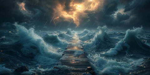 Foto op Plexiglas Stormy Seas and Lightning over Wooden Pier © wayne