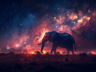 Elephant under Starry Galaxy Sky in Savannah