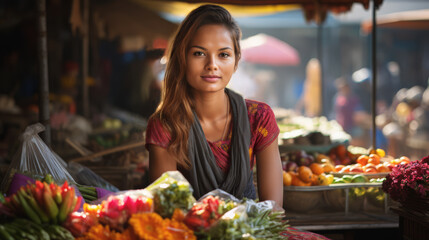 A beautiful female Thailand street vendor. posing in front of a display of fruits and vegetables.