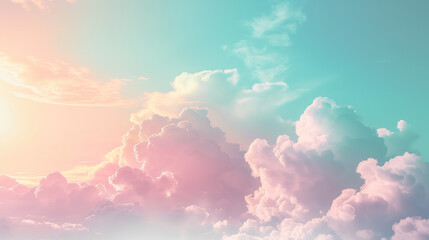 Beautiful pastel sky landscape with mix of pink, blue, yellow colors and  fluffy, white clouds and...