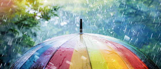 Vibrant rainbow umbrella shines brightly in stormy skies, providing shelter and a pop of color.