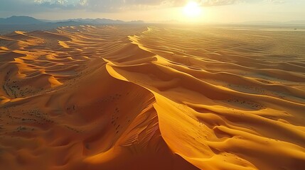Desert landscape with dunes and a beautiful sunset in orange tones.