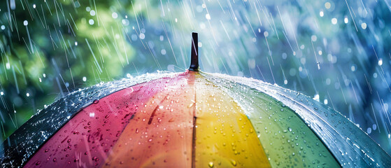 Colorful umbrella brightens rainy day, sheltering from storm with vibrant rainbow hues, standing out beautifully. - obrazy, fototapety, plakaty