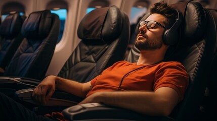 Man Listening to Headphones on Airplane